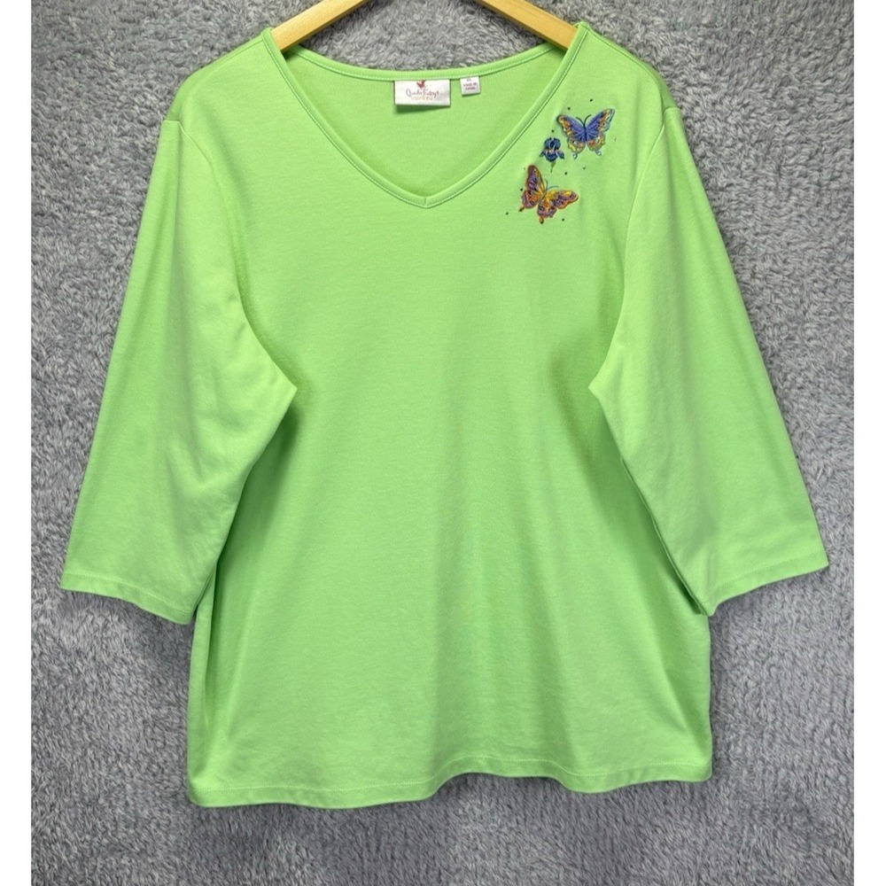 Quacker Factory Top Womens XL Green Butterfly Embellished V Neck Long Sleeve